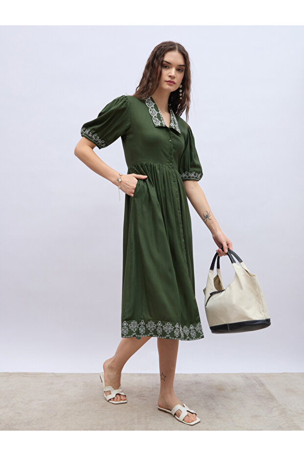 Embroidered V-Neck Puff Sleeve A-Line Midi Dress