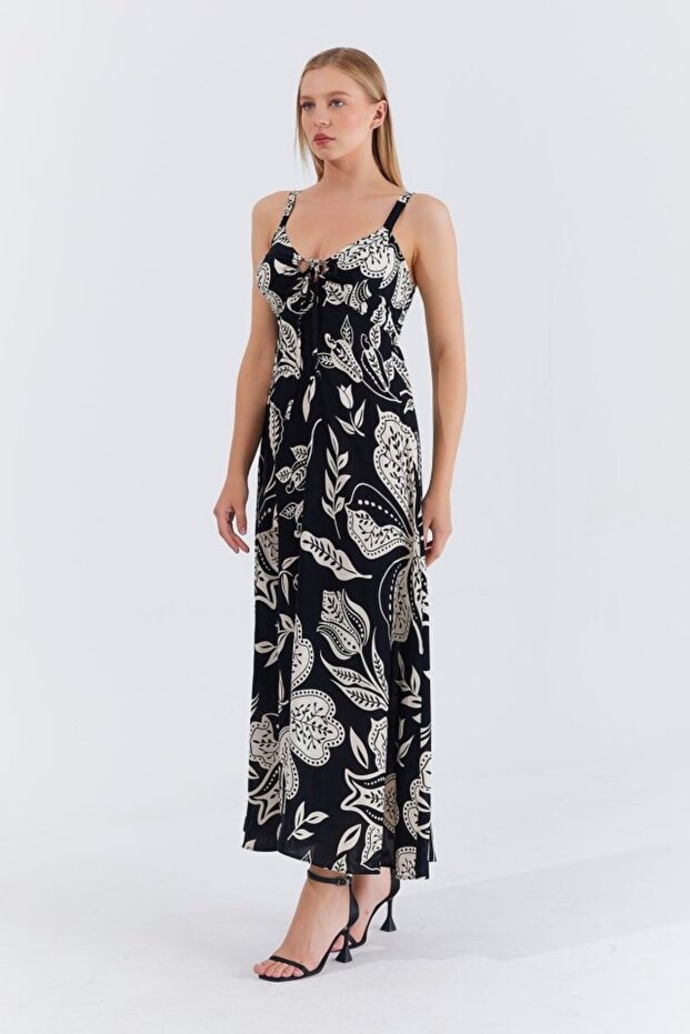 Askılı Viscon Elbise - Siyah - 3