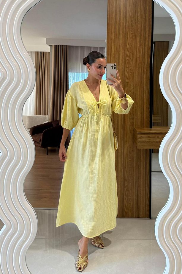 Leydia Sarı Müslin Elbise - 1