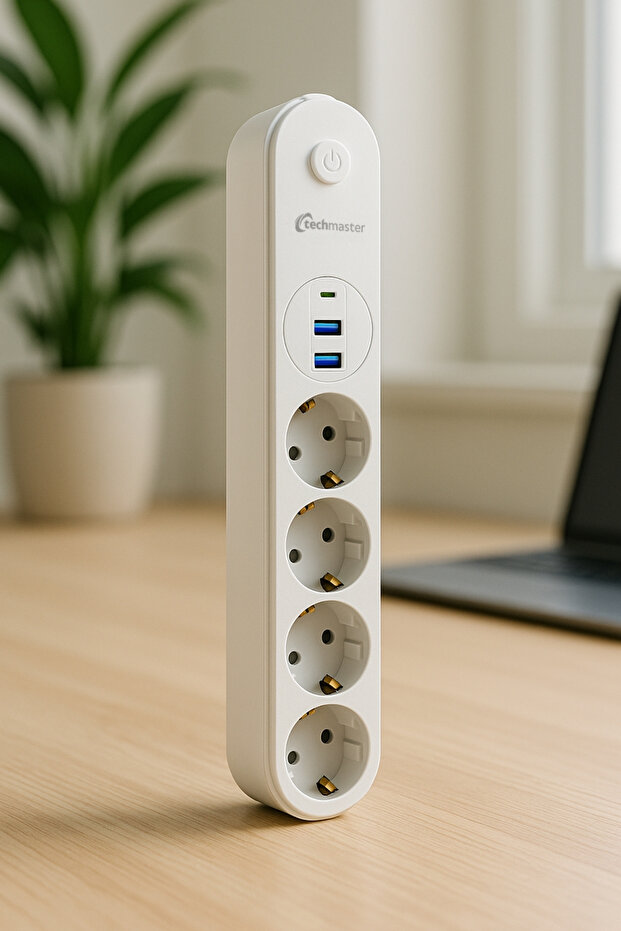 2 منفذ USB + منفذ Type-C، مقبس كهربائي رباعي مع حماية من التيار وحماية للأطفال، 2 متر، أبيض - 2