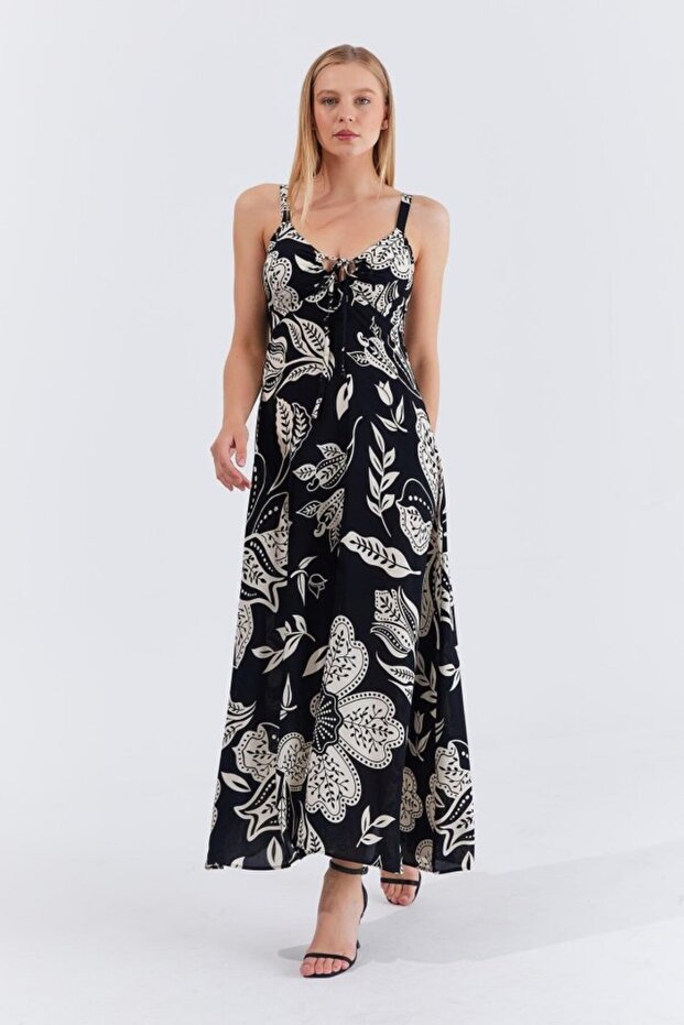 Askılı Viscon Elbise - Siyah - 1