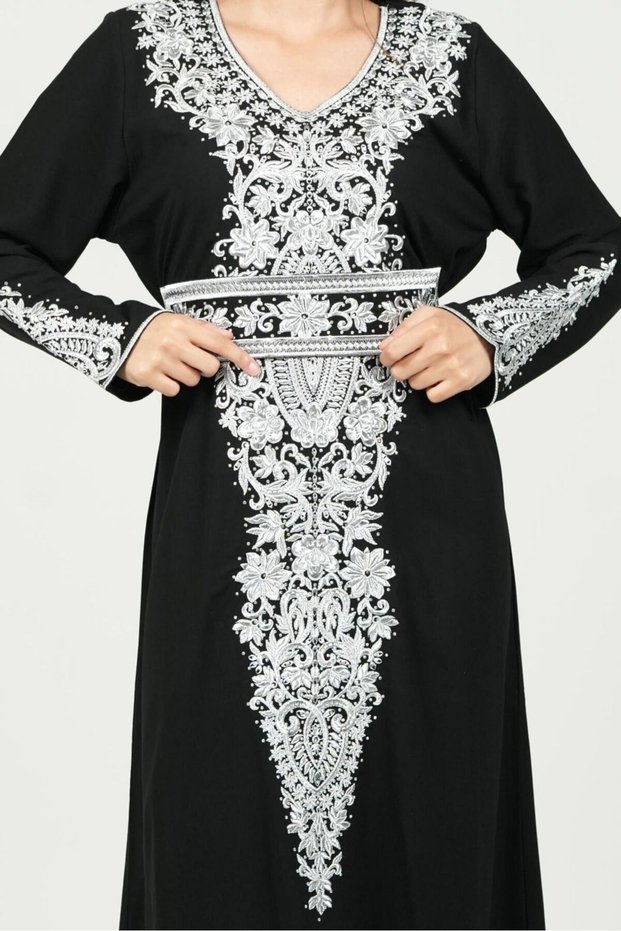 Ladies Printed Jalabiya - Full-Sleeve crepe Dress with belt