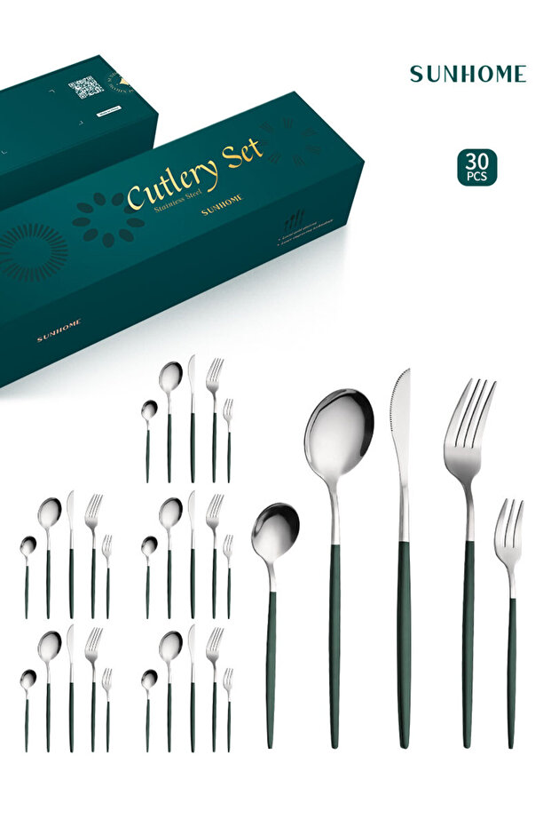SUNHOME 30-Piece Stainless Steel Cutlery Set Green/Silver
