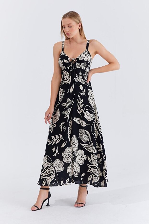 Askılı Viscon Elbise - Siyah - 2