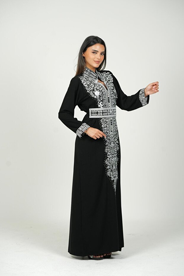 Ladies Printed Jalabiya - Full-Sleeve crepe Dress with belt