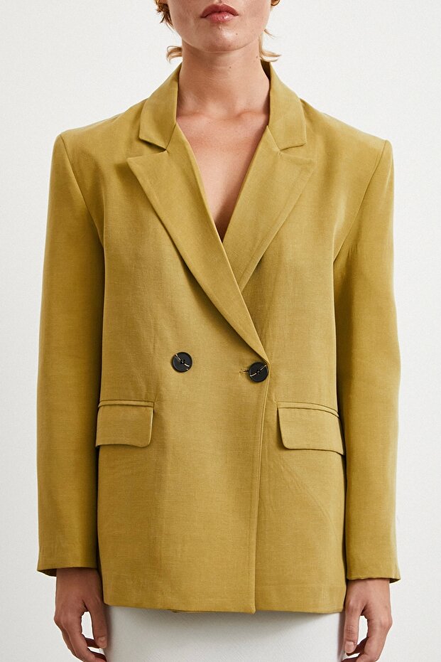 Çift Düğmeli Keten Blazer Ceket Olive - 4