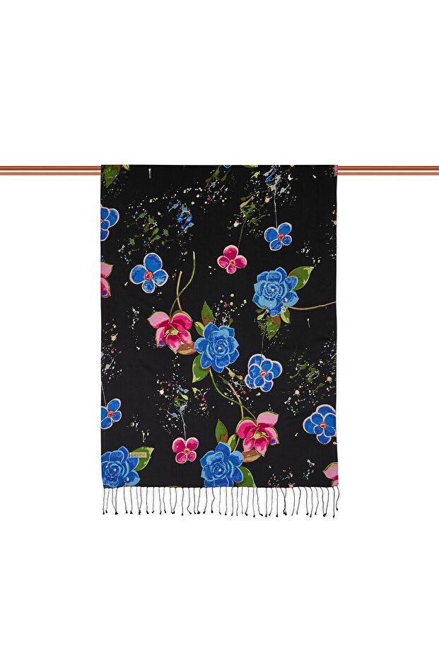 Black Summer Garden Patterned Silk Shawl - 2