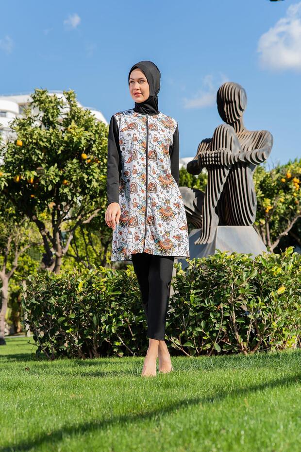 Women's Parachute Fabric Zippered Black Color Patterned Full Hijab Swimsuit C1T5N4O2-9