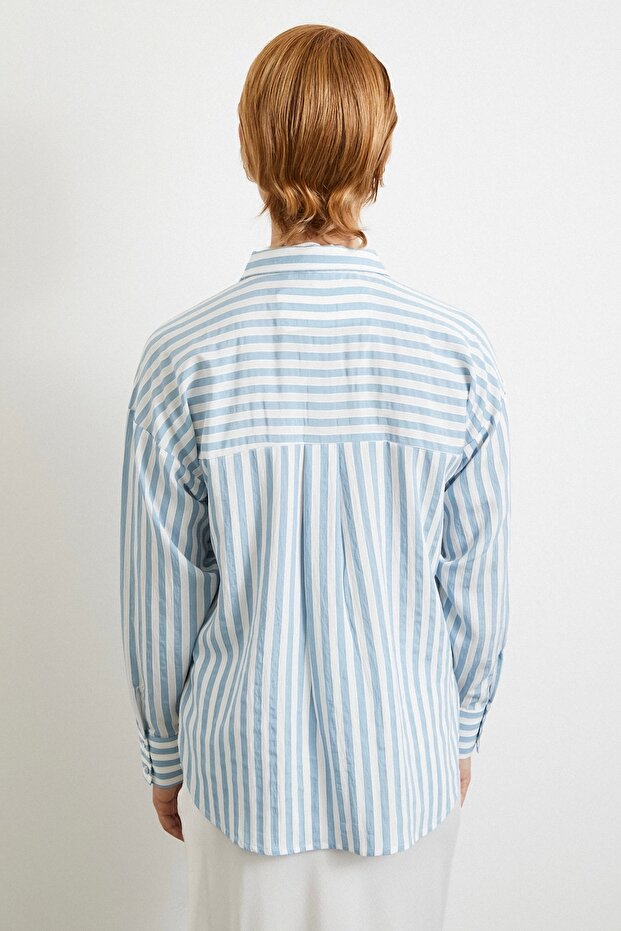 Multi Çizgili Cepli Gömlek Mavi - 6