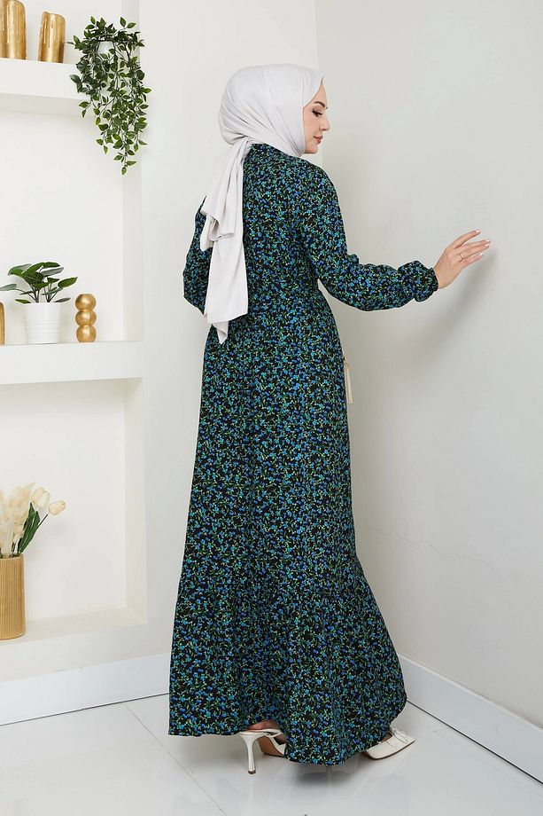 Çiçek Desen Kuşaklı Elbise - 6
