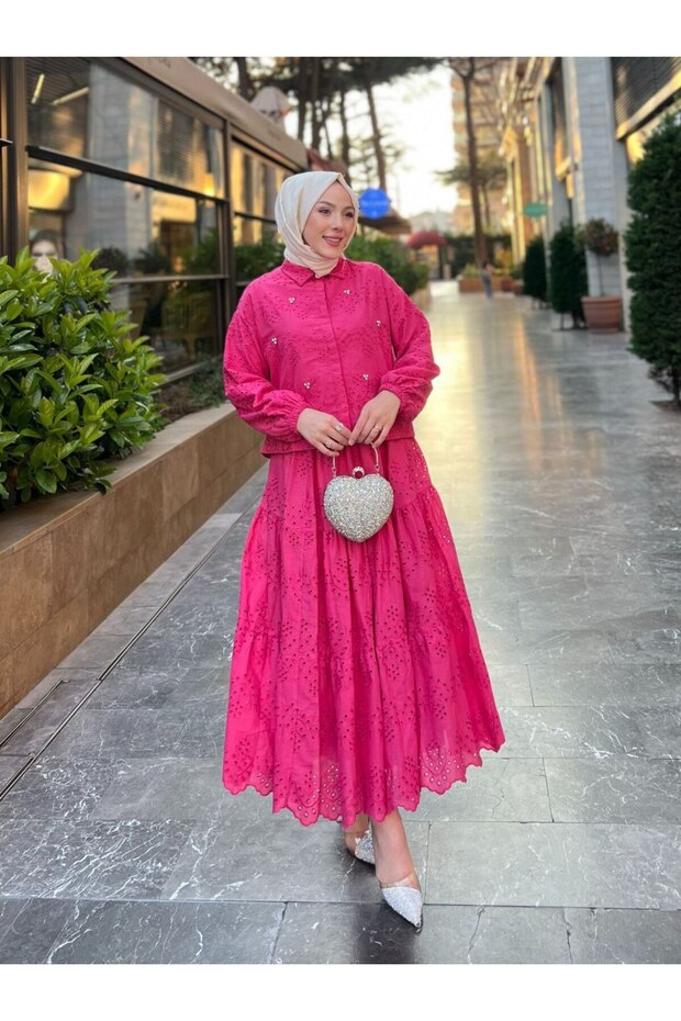 Summer Eyelet Embroidery Modest Set with Stone-Detail Long Skirt