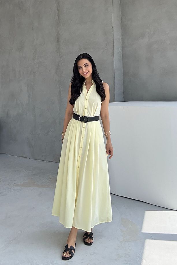 Kemerli Poplin Sarı Elbise - 4