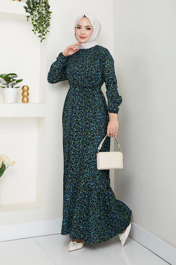 Çiçek Desen Kuşaklı Elbise - 4
