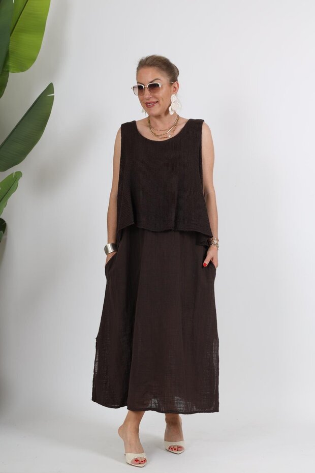 İthal File Detay Sıfır Kol Kahve Keten Elbise - 1