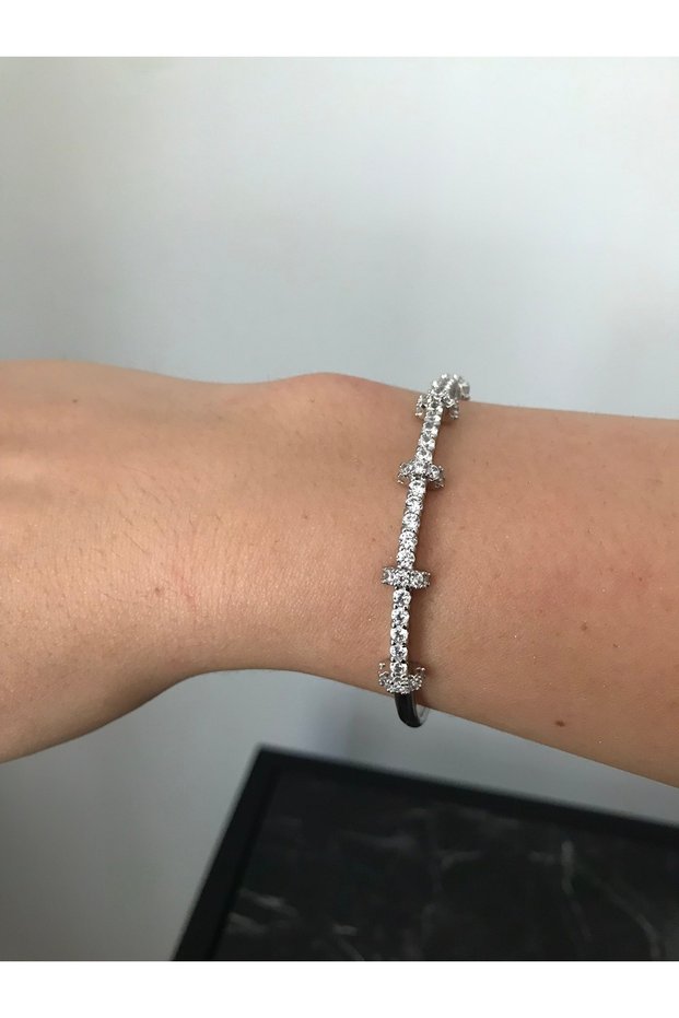 Stainless Steel Silver Color Shiny Stone Brand Handcuff Bracelet