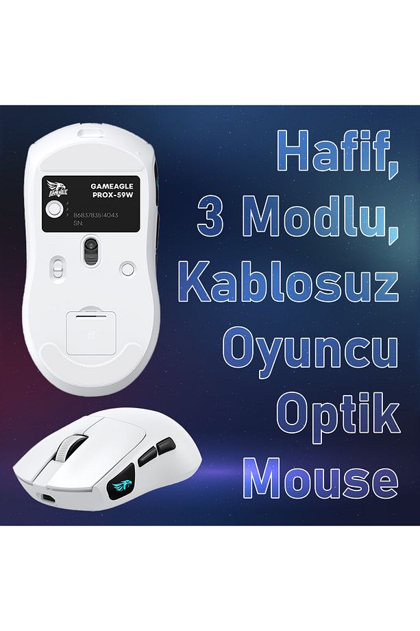 Prox Bluetooth-Kablosuz-Kablolu Şarjlı 12800 Dpı Hafif 59GR Gaming Mouse Oyuncu Mouse BEYAZ - 2