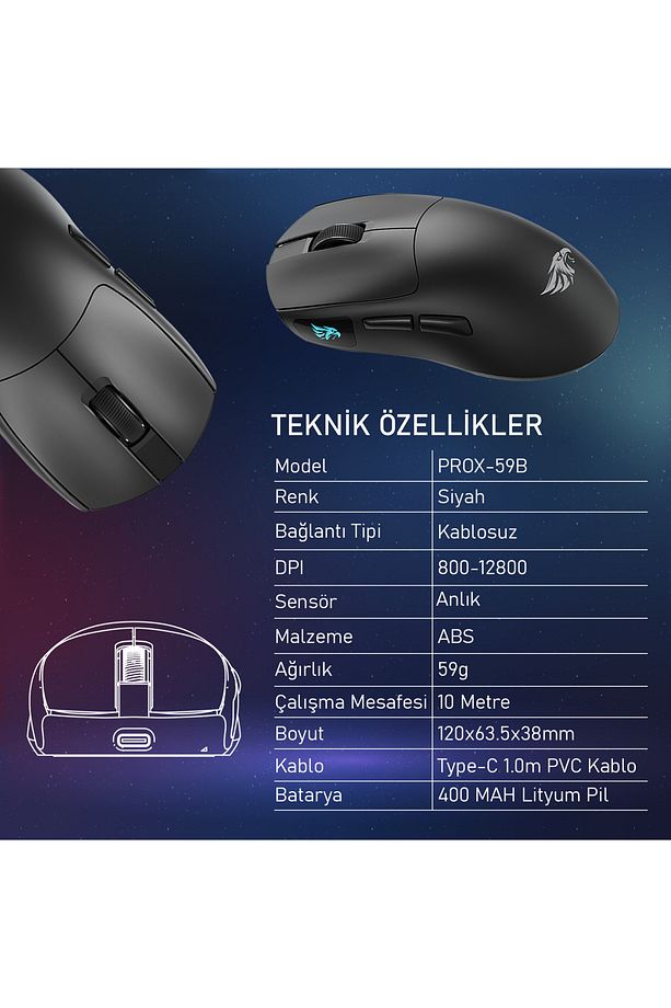 Prox Bluetooth-Kablosuz-Kablolu Şarjlı 12800 Dpı Hafif 59GR Gaming Mouse Oyuncu Mouse SİYAH - 6