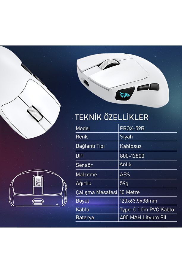 Prox Bluetooth-Kablosuz-Kablolu Şarjlı 12800 Dpı Hafif 59GR Gaming Mouse Oyuncu Mouse BEYAZ - 6