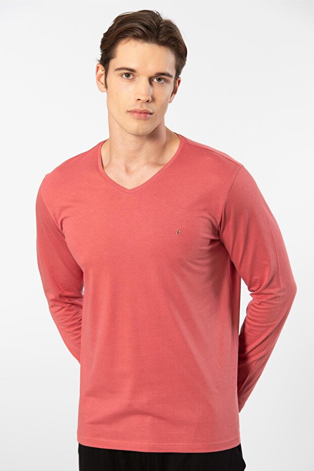Men's V-Neck Longsleeve Pajama Suit, 50% Modal, 50% Cotton Bottom Sleepwear Is Pocket