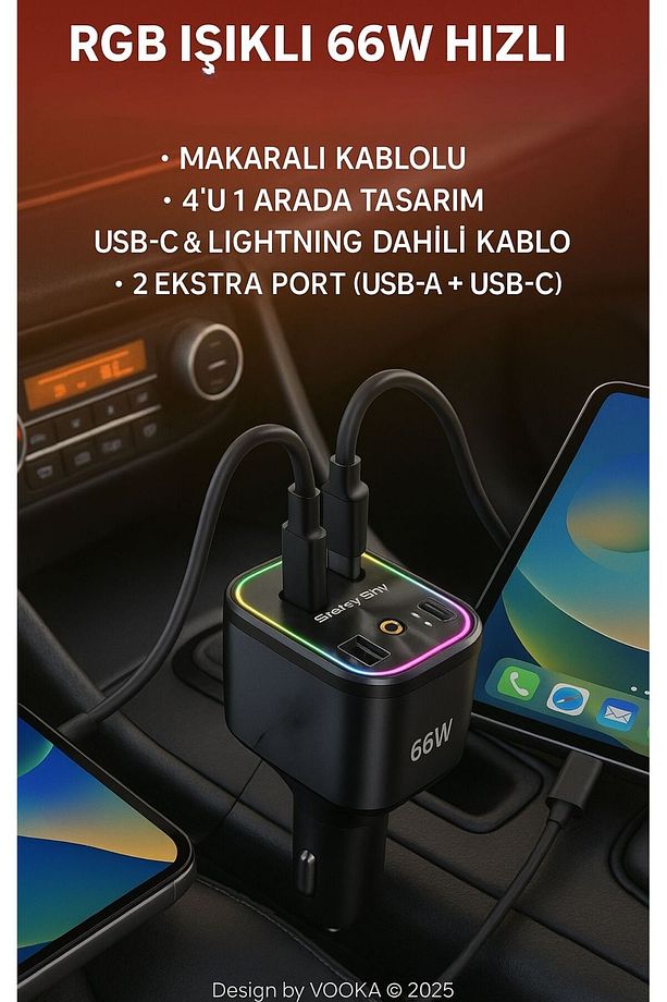 66W Araç Şarj Adaptörü – Type-C + Lightning Makaralı Kablo, USB + Type-C Girişli, Hızlı Şarjlı - 6
