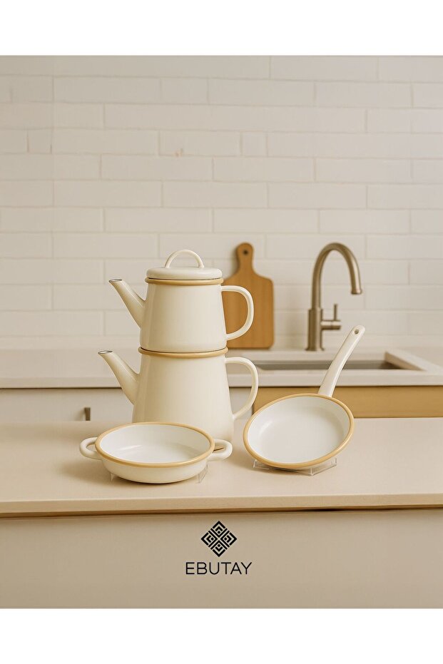 Crema Di Siena Enamel Teapot - Cream Sahan Set of 2 with Handles and Handle - 1