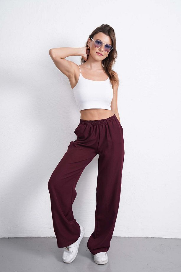 Yüksek Bel Lastikli Bol Paça Günlük Kumaş Pantolon - 3
