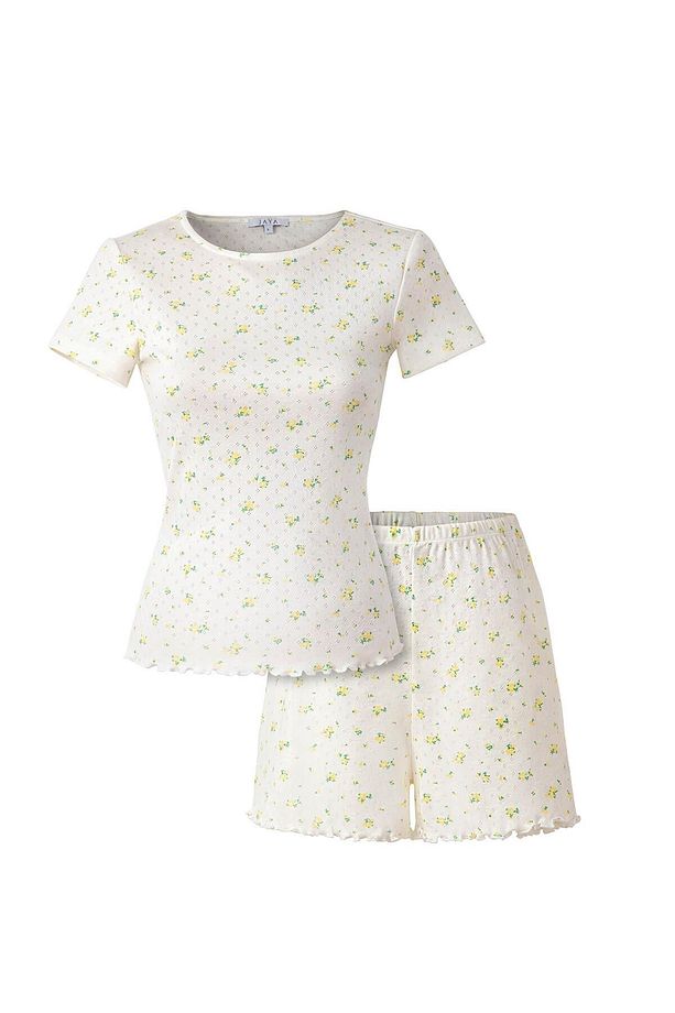 Pointelle Sarı Çiçek Desenli Şortlu Pijama Takımı - 1