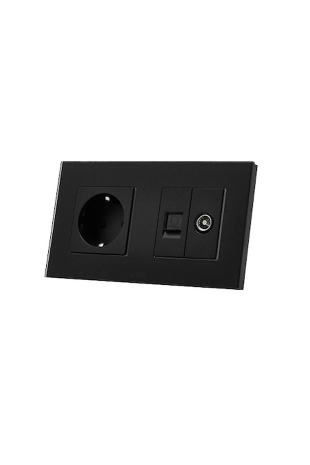 Simple socket 2P+E 16A + RJ45 Cat.6 socket + TV socket, glass frame, black, Aledio