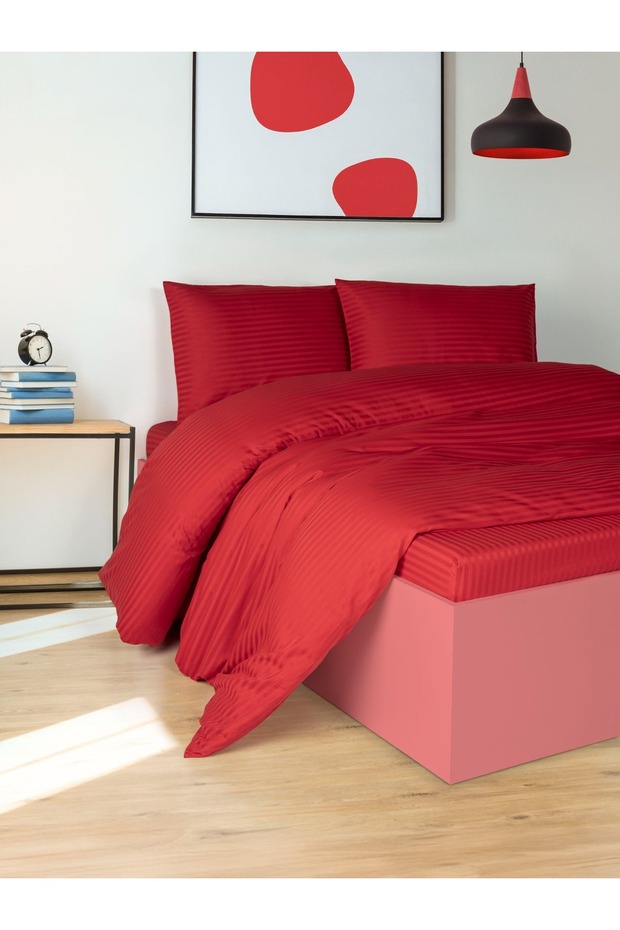 Double 100% Cotton Satin Fitted Sheet Duvet Cover Set with Zippered Bag