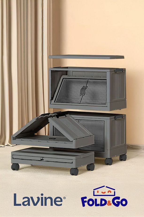 Fold&Go 2'Lü Portatif Organizer Tekerlekli Dolap ”Antrasit” Çok Amaçlı Mıknatıs Kapaklı Katlanır - 4