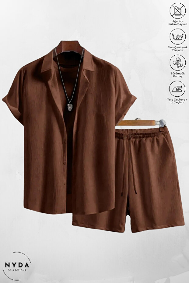Men's Crinkle Fabric Wrinkle Suit Summer Buttoned Short Sleeve Shirt and Lace up Shorts Suit with Pockets