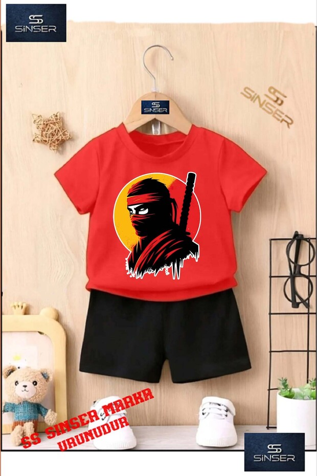 Kids Unisex “Samurai Masked Head“ Custom Printed Crew Neck T-Shirt - Shorts Set