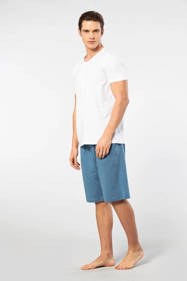 V-Neck T-Shirt and Pocket Bermuda Shorts Set, 50% Cotton 50% Modal