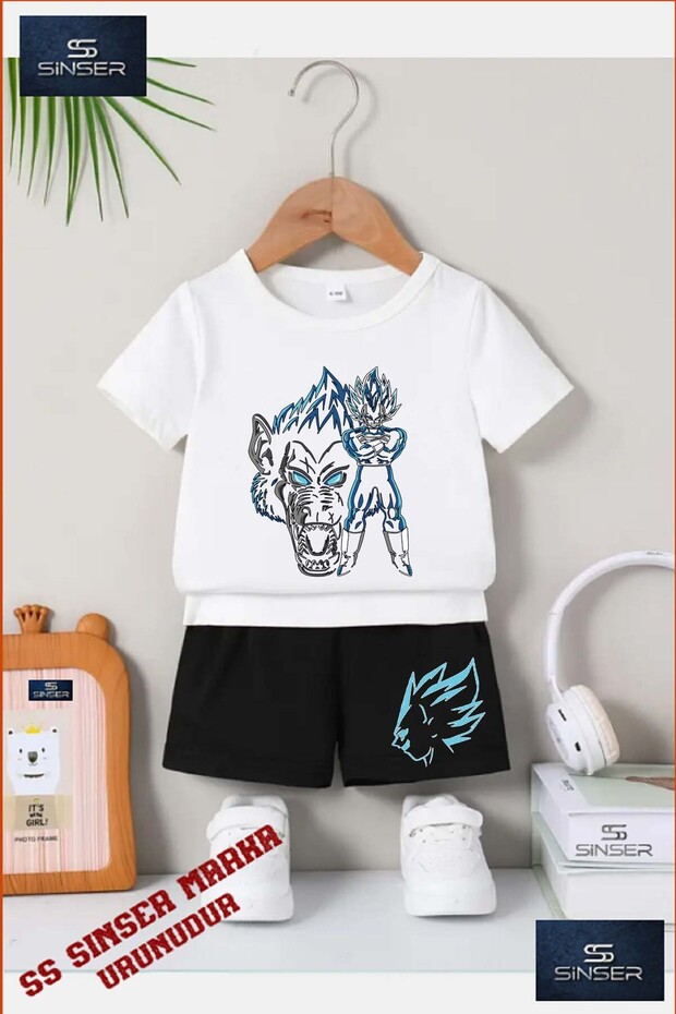 Children's Unisex “Wolf Man Blue Shadow“ Custom Printed Crew Neck T-Shirt - Shorts Set