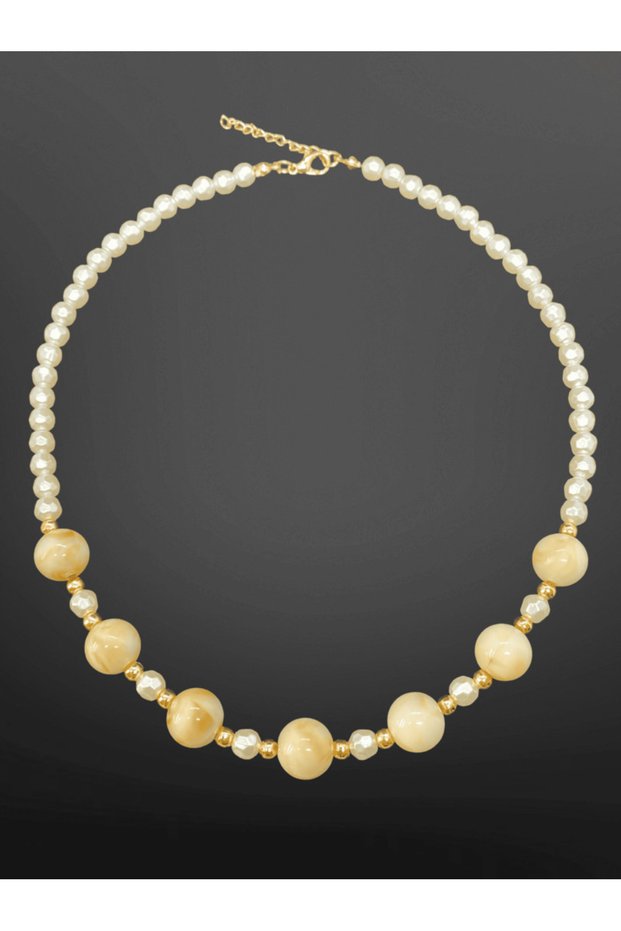 Cream Tone Stylish Round Beaded Pearl Model with Gold Color Detail Handmade Elegant Women's Bijoux Necklace