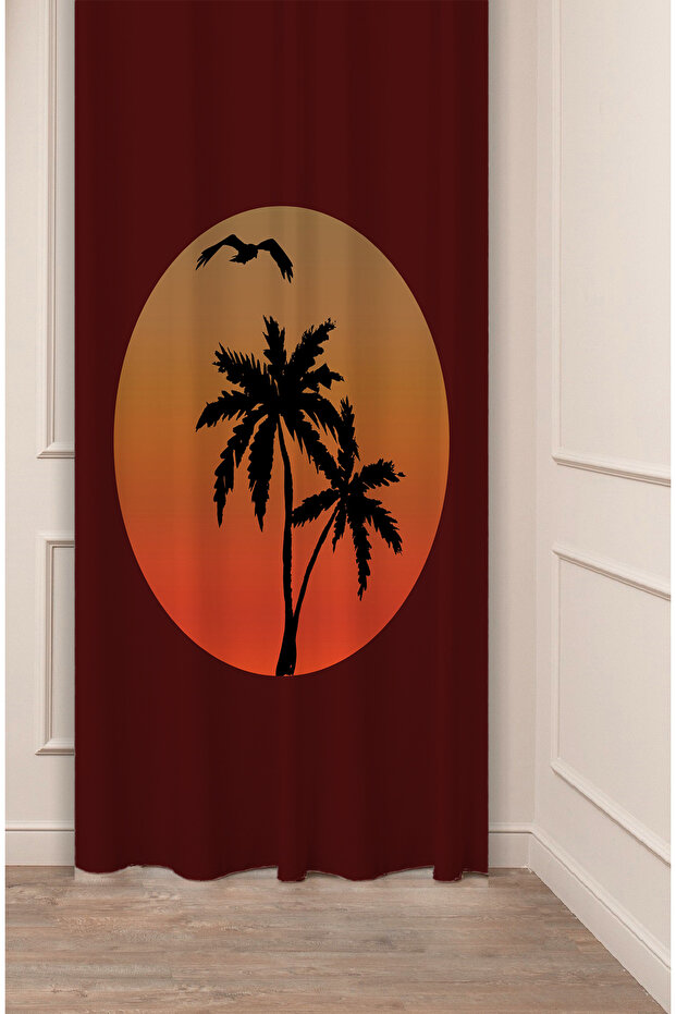 Palm Bohemian Minimalist Beige Cream Patterned Special Design Digital Printed (Single Wing) Modern Background Curtain