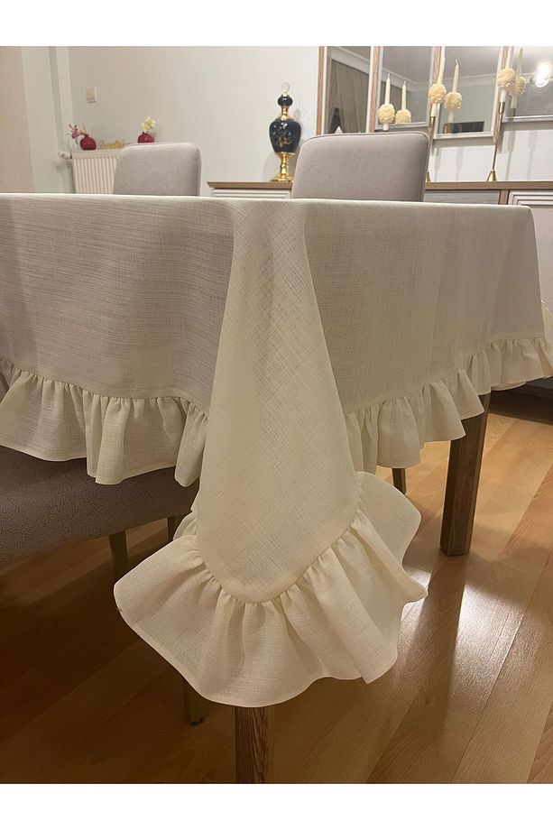 Fırfırlı Simsiz Polyester Keten Dertsiz Masa Örtüsü Krem - 9