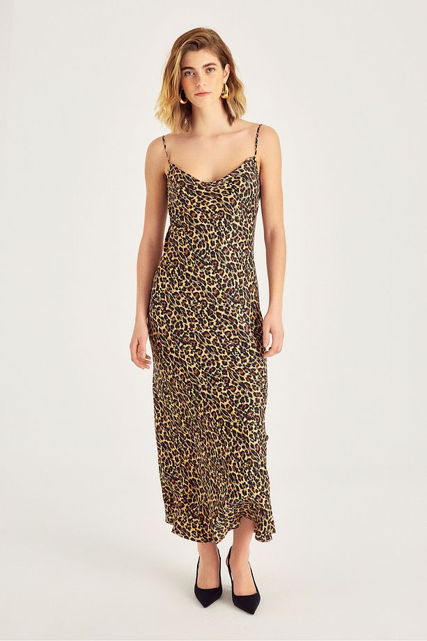Degaje Yaka Midi Boy Leopar Desen Elbise - 1