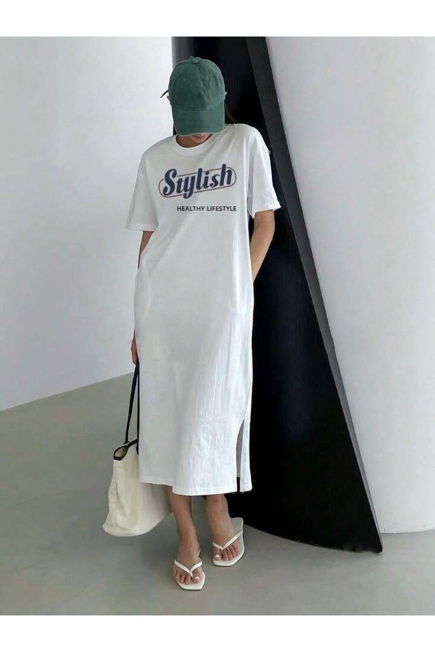 Women's Plus Size Stylish Healthy Lifestyle Printed T-shirt Dress/tunique