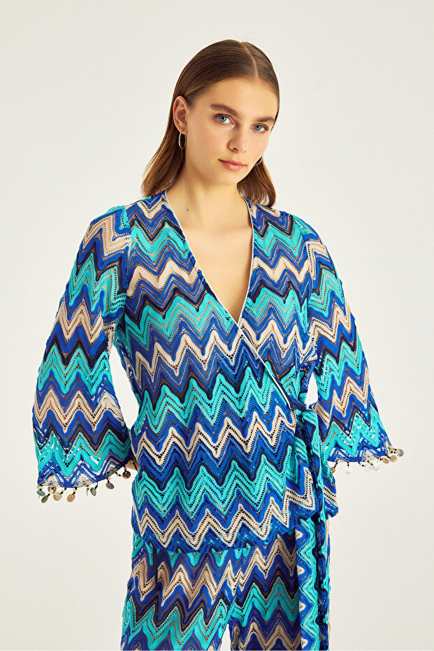 بلوزة مزدوجة الصدر منقوشة باللون الفيروزي - 6