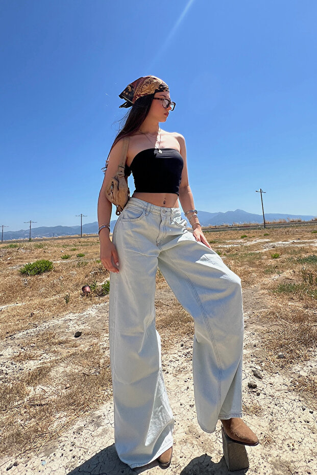 Lastikli bel denim baggy jean - 3