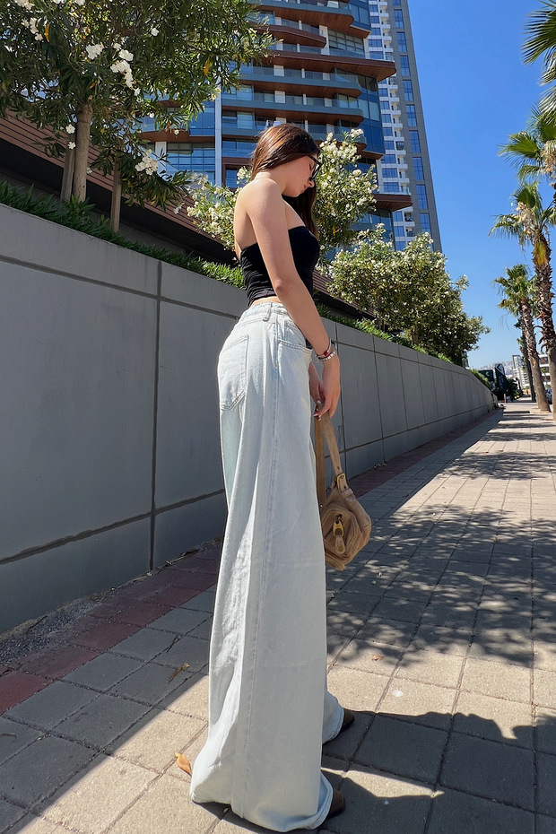 Lastikli bel denim baggy jean - 5