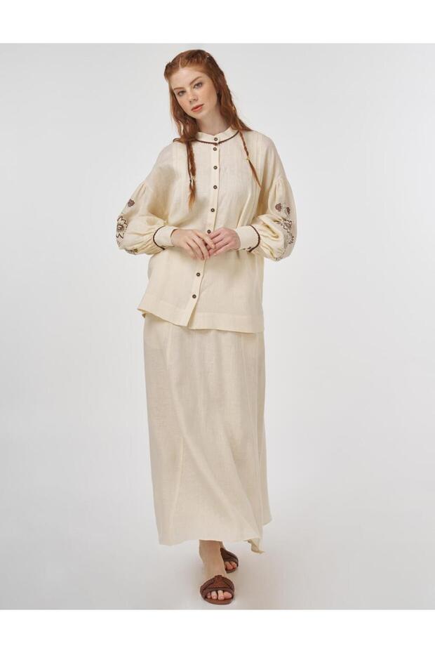 100% Linen Embroidered Double Suit Cream