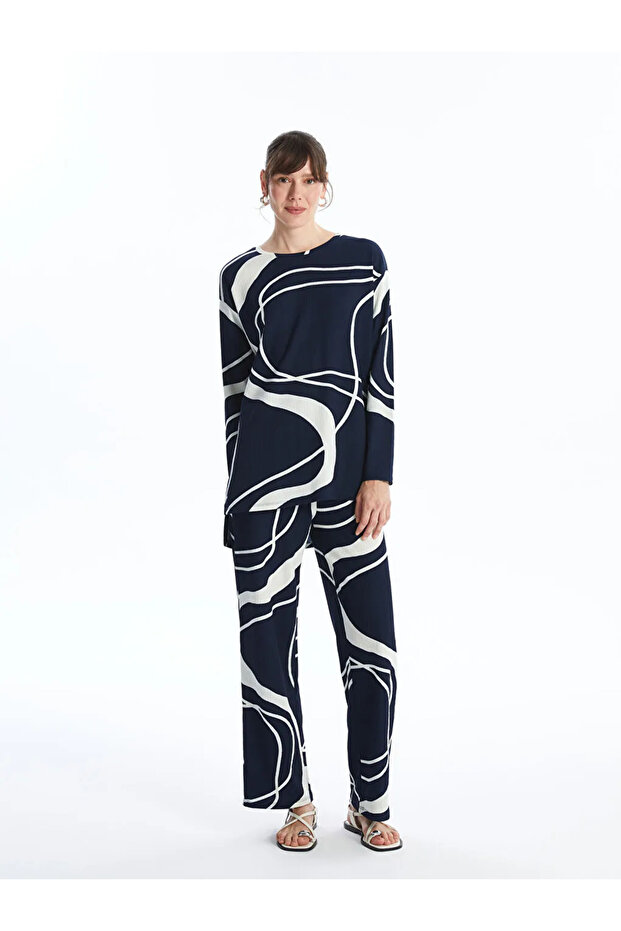 Lcwaikiki Basic Navy Blue Bicycle Neck Print Long Sleeve Women's Tunic