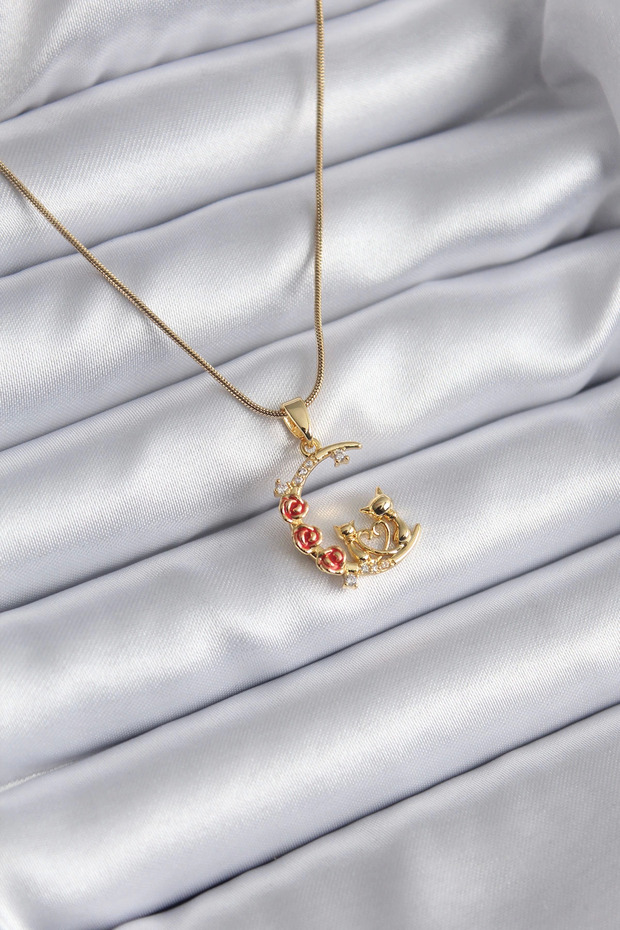 316L Steel Gold Rk Hilal Model Zircon Stone Detailed Women's Necklace