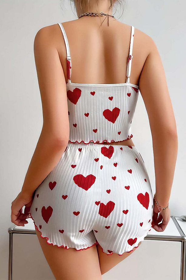 Kalp Desenli İp Askılı Şortlu Pijama Takımı - 3