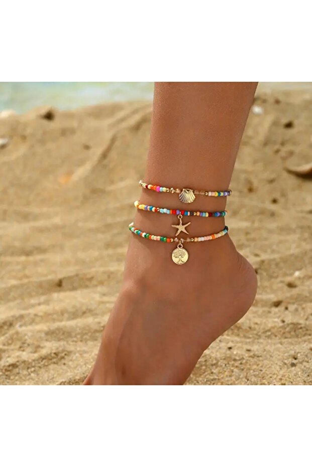 Vip 3-Piece Bohemian Style Starfish Melon and Palm Tree Themed Anklet