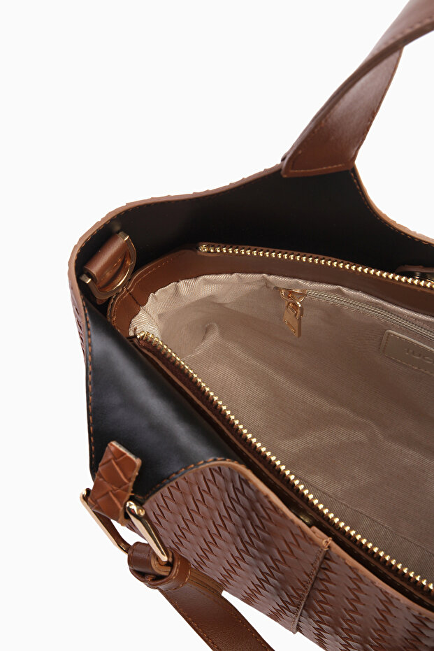 Hasır Örgü Desenli Çanta - Taba - 5