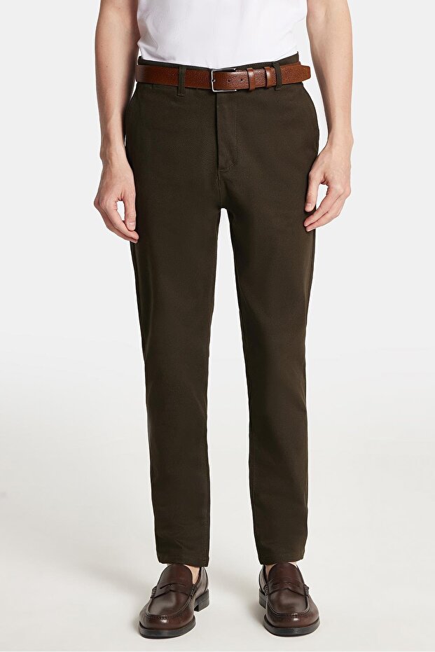 Men's Slim Fit Chino Stretch Side Pocket Front Zipper Cotton Textured Khaki Trousers