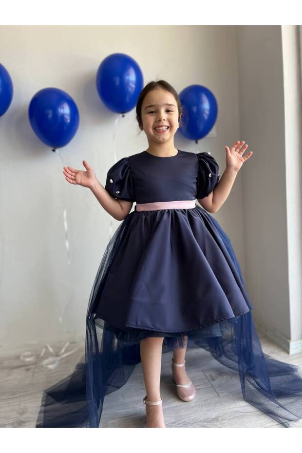 Navy Blue Plug-In Tail Girl's Evening Dress, Wedding Dress with Back Rope Detail